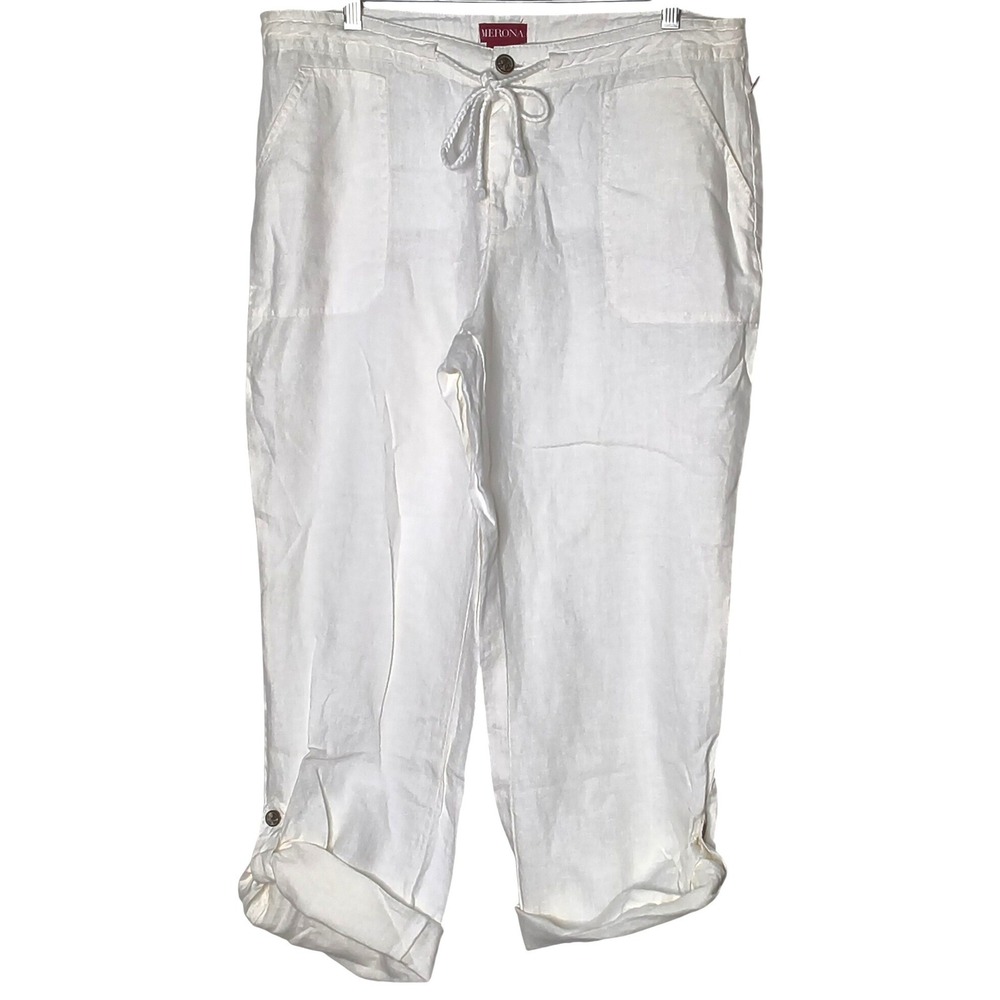 Merona Linen Roll‎ Tab Crop Pants Women Large White Drawstring Deadstock NWT